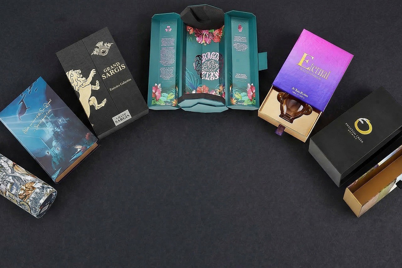 Close-up of luxury sunglasses packaging with foil stamping