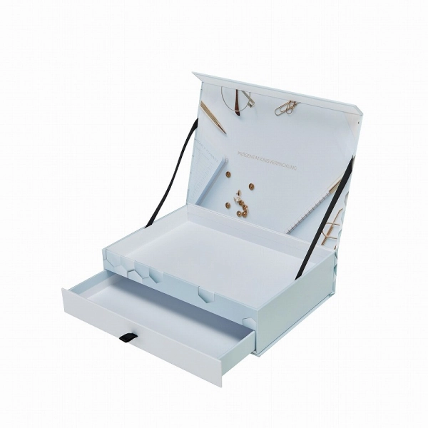 Bespoke Book-Style Cosmetic Box  with Integrated Ribbon Drawer Side View