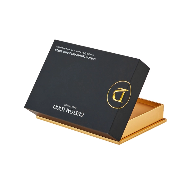 Gold Foil Logo Matte Black Hinged Lid Empty Box VIP Card Packaging Side View