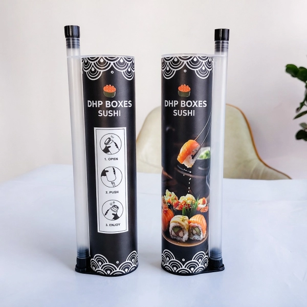 Sushi Push Pop Tube Packaging with Push-Up Mechanism & Soy Sauce Side View