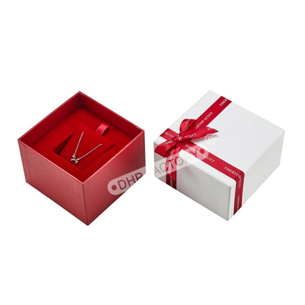 White Texture Paper Necklace Jewelry Box with Ribbon Bow Side View