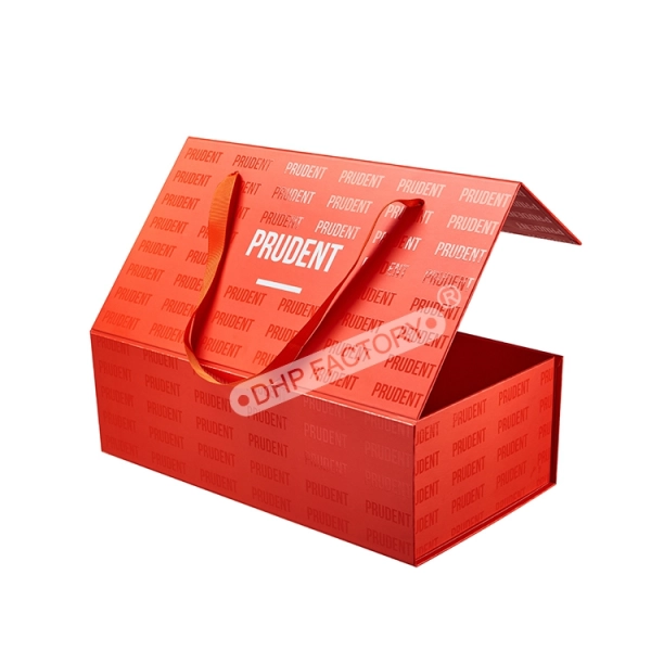 Luxury Gift Box With Ribbon Handle Custom Logo Available Side View