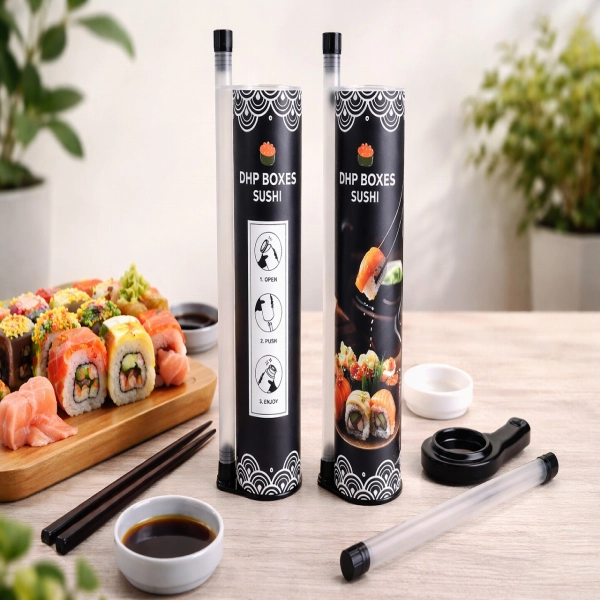 Sushi Push Pop Tube Packaging with Push-Up Mechanism & Soy Sauce Side View