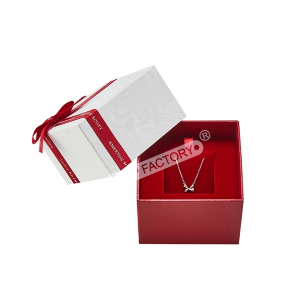 White Texture Paper Necklace Jewelry Box with Ribbon Bow Side View