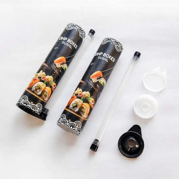 Sushi Push Pop Tube Packaging with Push-Up Mechanism & Soy Sauce Side View