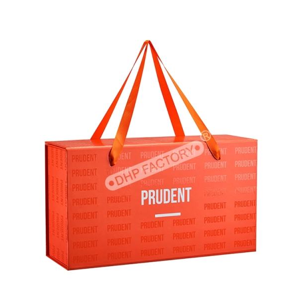 Luxury Gift Box With Ribbon Handle Custom Logo Available Side View