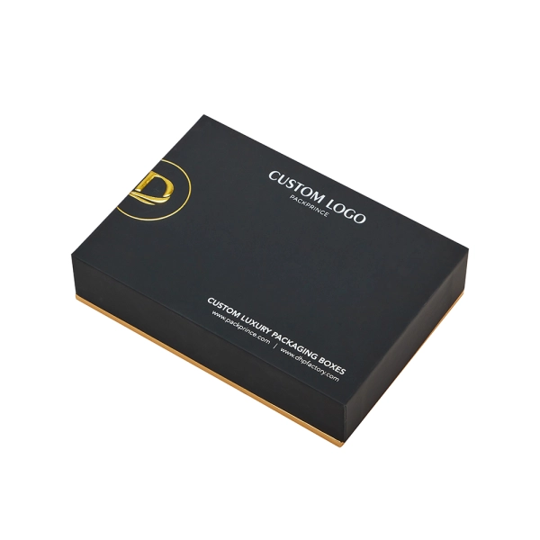 Gold Foil Logo Matte Black Hinged Lid Empty Box VIP Card Packaging Side View
