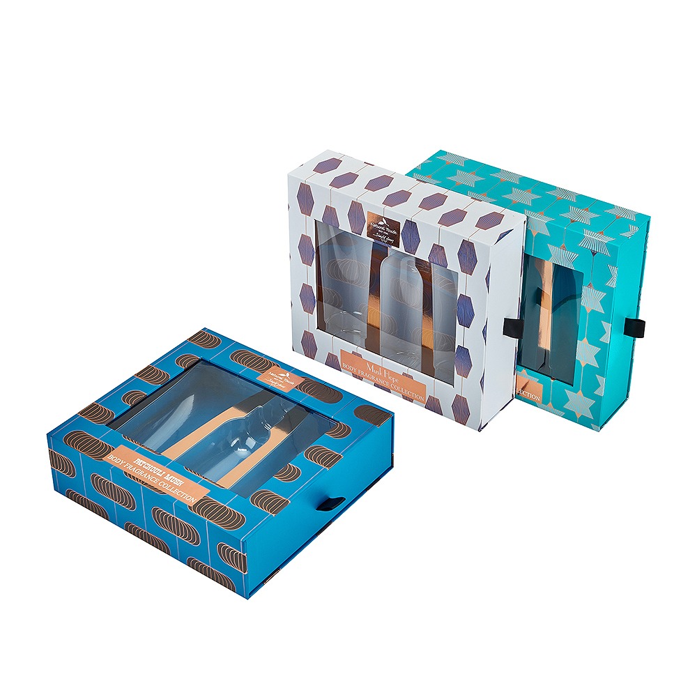 Custom cosmetic drawer packaging with transparent PVC window Custom cosmetic drawer packaging with transparent PVC window